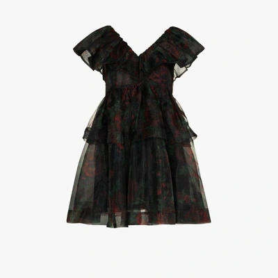 Shop Ganni Black Organza Ruffled Mini Dress