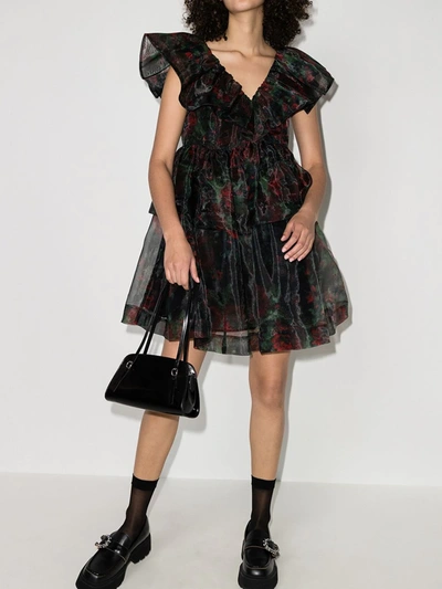 Shop Ganni Black Organza Ruffled Mini Dress