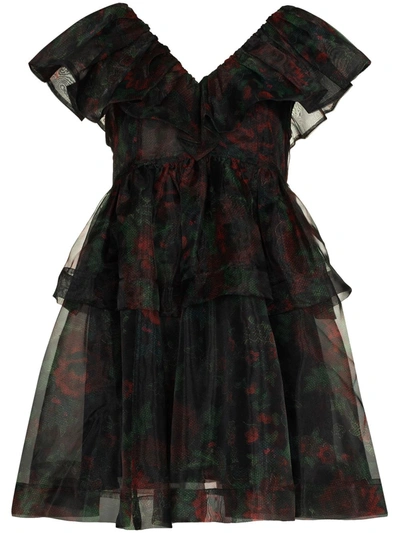 Shop Ganni Organza Rose Print Mini Dress In Black