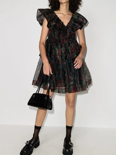 Shop Ganni Organza Rose Print Mini Dress In Black