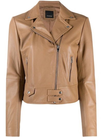 Shop Pinko Leather Biker Jacket In Brown