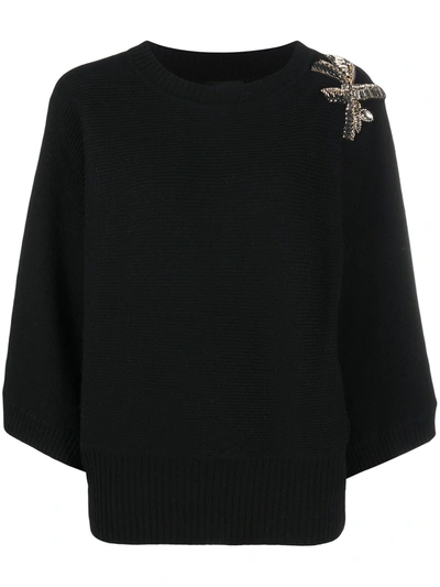 Shop Liu •jo Loose Rhinestone Brooch Jumper In Black