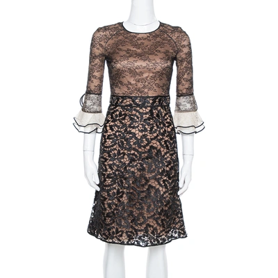 Pre-owned Valentino Black Lace Overlay Flute Sleeve Midi Dress S