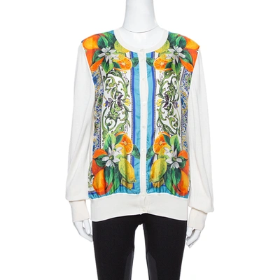 Pre-owned Dolce & Gabbana Off White Majolica Print Silk Button Front Cardigan L