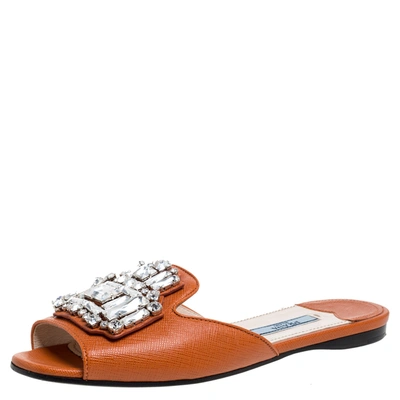 Pre-owned Prada Orange Leather Crystal Embellished Flat Slide Size 35