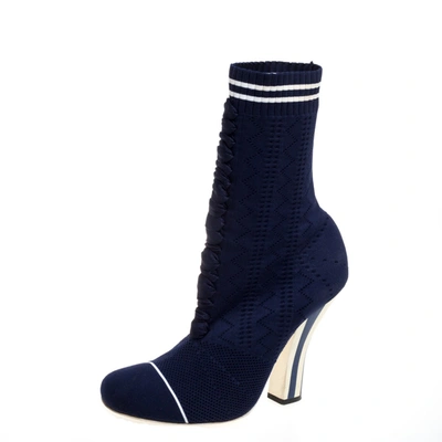 Pre-owned Fendi Blue Knit Fabric Rockoko Runway Openwork Ankle Boots Size 40