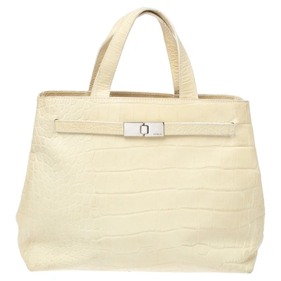 Pre-owned Furla Light Cream Croc Embossed Leather Presslock Tote