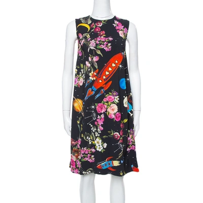 Pre-owned Dolce & Gabbana Black Crepe Rocket & Floral Print Sleeveless Shift Dress S