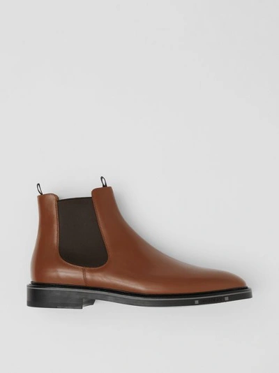 Shop Burberry Logo Detail Leather Chelsea Boots In Tan