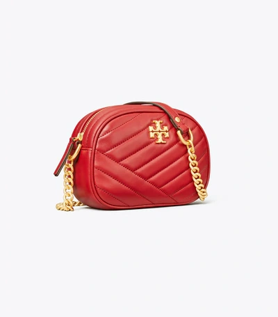 Shop Tory Burch Kira Chevron Small Camera Bag In Redstone / Rolled Brass