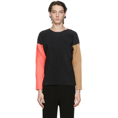 Shop Issey Miyake Homme Plisse  Black Pleated Tricolor Quartet Long Sleeve T-shirt In 99 Blktrico