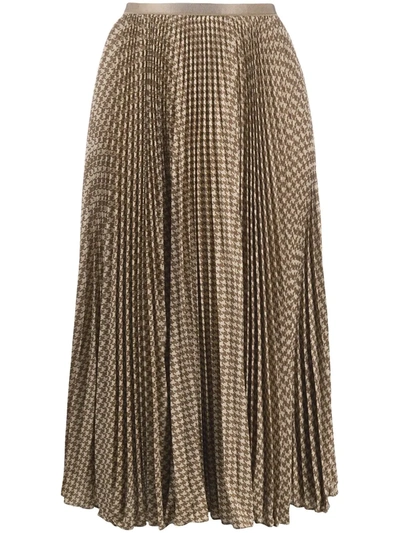 Shop Polo Ralph Lauren Houndstooth Print Pleated Midi Skirt In Brown