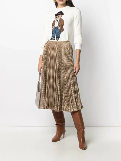 Shop Polo Ralph Lauren Houndstooth Print Pleated Midi Skirt In Brown