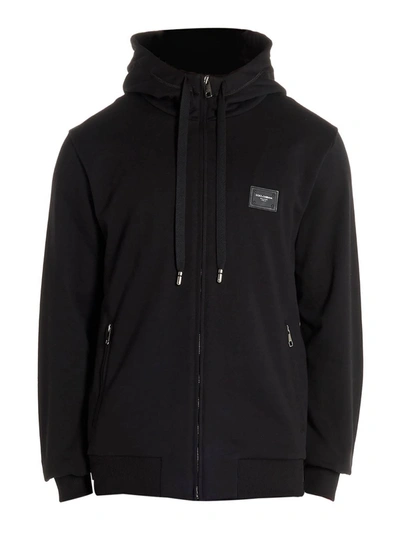 Shop Dolce & Gabbana Patch Sweatshirt With Hood And Zip In Black