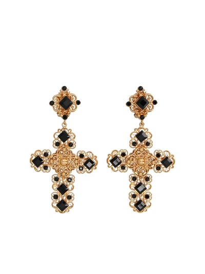 Shop Dolce & Gabbana Cross Pendant Earrings In Black And Gold