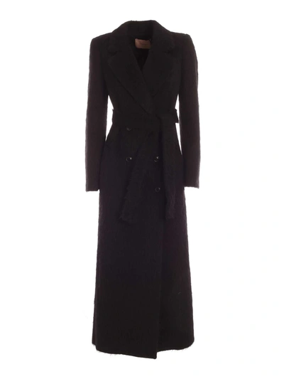 Shop Twinset Belt Double-breasted Coat In Black