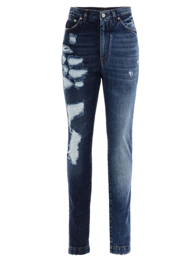 Shop Dolce & Gabbana Worn Effect Skinny Jeans In Blue
