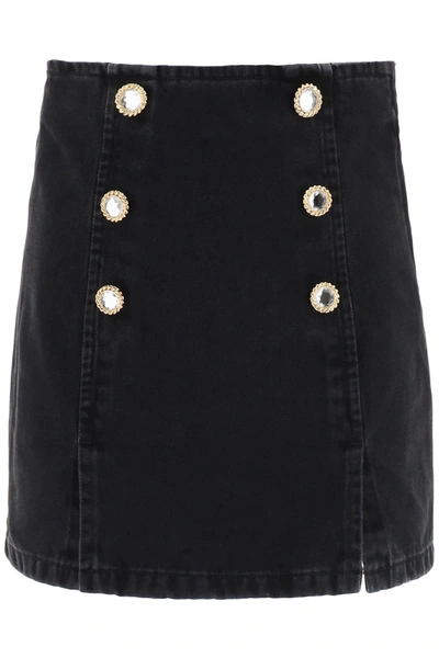 Shop Alessandra Rich Denim Mini Skirt With Jewel Buttons In Black (black)