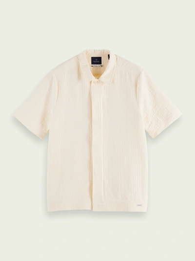 Shop Scotch & Soda Cotton-blend Short Sleeve Sashiko Shirt In Ecru