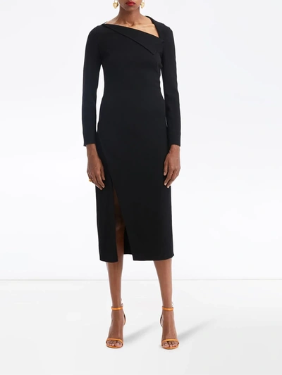 Shop Oscar De La Renta Asymmetrical Neck Midi Dress In Black