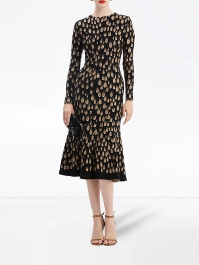 Shop Oscar De La Renta Peacock Pattern Midi Dress In Black