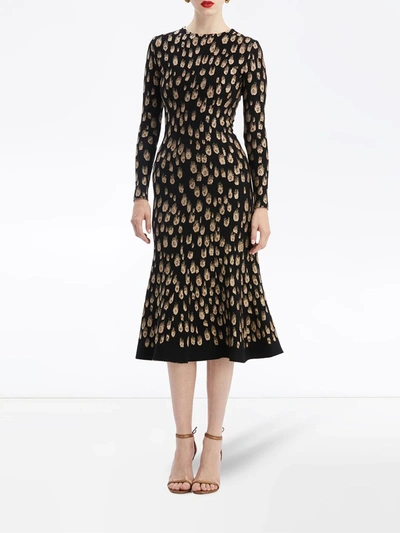 Shop Oscar De La Renta Peacock Pattern Midi Dress In Black