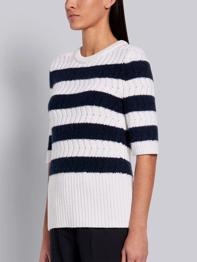 Shop Thom Browne White Cashmere Rackiting Stich Striped Crewneck Short Sleeve Tee In Blue