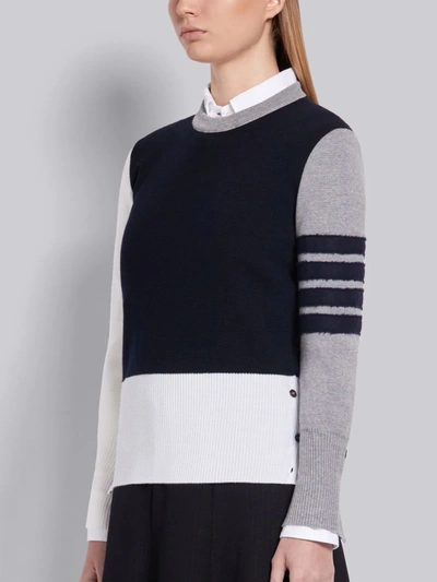 Shop Thom Browne Navy Fun-mix Milano Stitch Fine Merino Wool Crewneck Shetland Tonal 4-bar Pullover In Blue