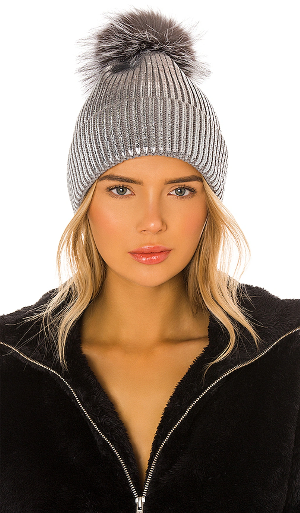 REVOLVE ADRIENNE METALLIC FOX Adrienne Landau Metallic Ribbed Beanie W/ Fox Fur Pompom In  main image 3