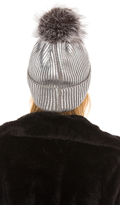 Adrienne Landau Two-Toned Beanie With Fox Fur Pom in Gray Adrienne Landau Two-Toned Beanie With Fox Fur Pom in Gray  main image 3
