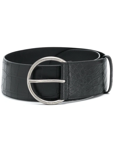 Shop Saint Laurent Crocodile-embossed Leather Belt In Black