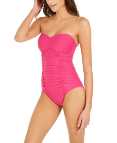 Shop Dkny Liquid Pleated Bandeau Tummy Control One-piece Swimsuit Women's Swimsuit In Orchid