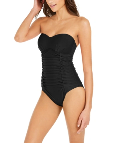Shop Dkny Liquid Pleated Bandeau Tummy Control One-piece Swimsuit Women's Swimsuit In Black