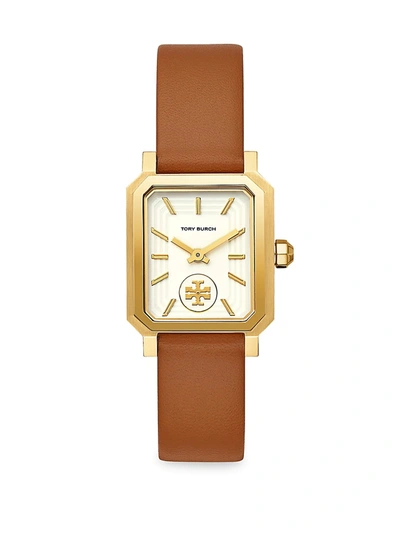Shop Tory Burch Robinson Goldtone Stainless Steel & Brown Leather Strap Watch