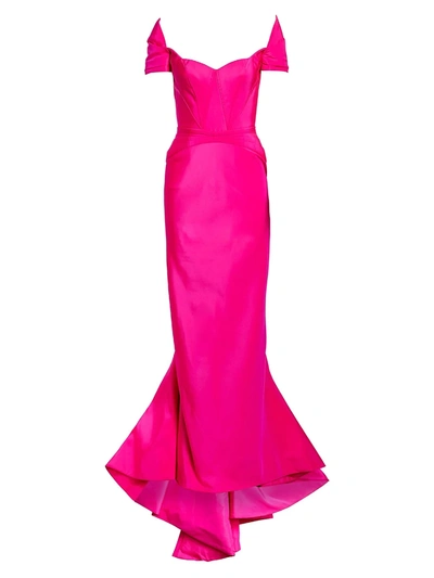 Shop Zac Posen Women's Off-the-shoulder Back Bow Silk Faille Gown In Hot Pink