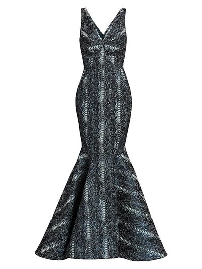 Shop Zac Posen Women's Metallic Party Jacquard Snake Print Mermaid Gown In Python Ocean Blue