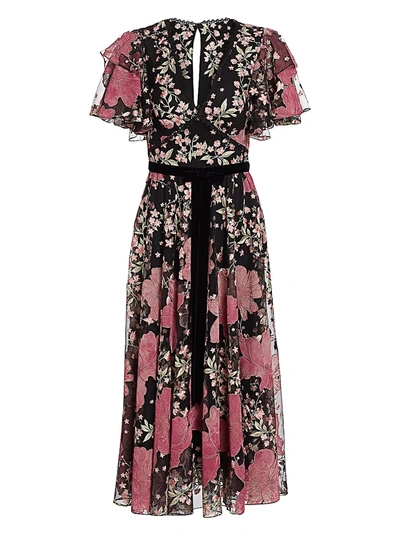 Shop Marchesa Notte Floral Flutter-sleeve Dress In Rose