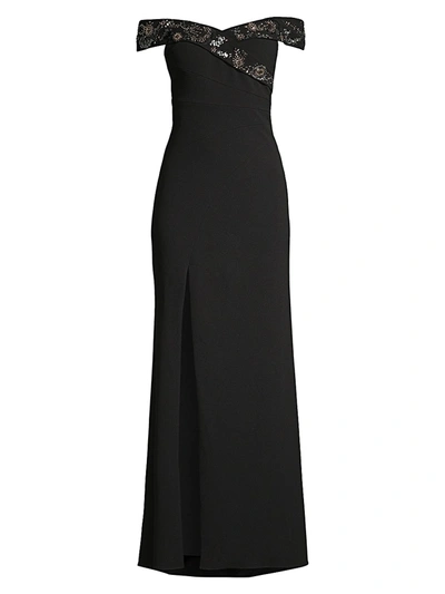 Shop Aidan Mattox Women's Sequin Floral Off-the-shoulder Gown In Black