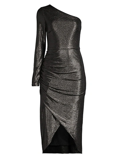 Shop Aidan Mattox Women's Foiled Jersey One-shoulder Wrapped Dress In Gunmetal Black