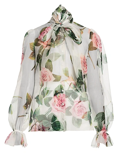 Shop Dolce & Gabbana Women's Silk Organza Rose-print Tieneck Blouse In White Pink