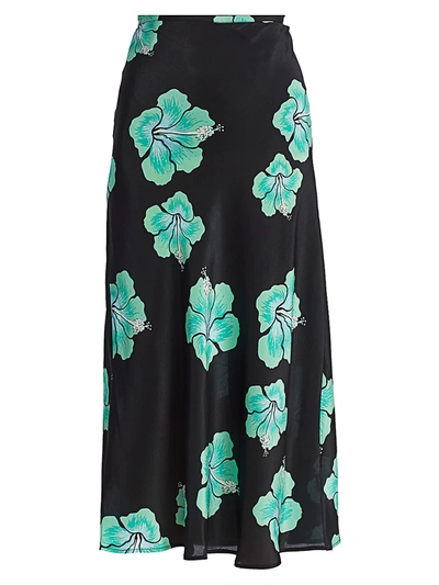 Shop Rixo London Women's Kelly Floral Silk Midi Skirt In Abstract Hawaiian Flower Black Mint