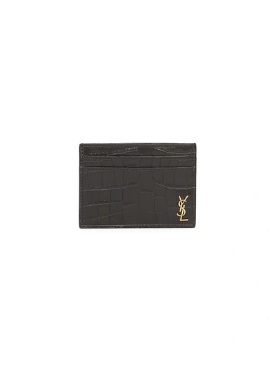 Shop Saint Laurent Croc-embossed Leather Credit Card Holder In Nero