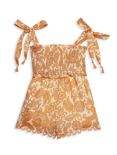 Shop Zimmermann Little Girl's & Girl's Peggy Shirred Playsuit In Orange Paisley