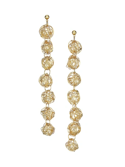 Shop Kenneth Jay Lane 22k Goldplated & Faux-pearl Wire Sphere Linear Earrings In Yellow Goldtone