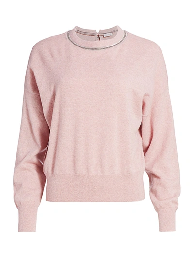 Shop Brunello Cucinelli Women's Monili-trim Cashmere Knit Crewneck Sweater In Rose