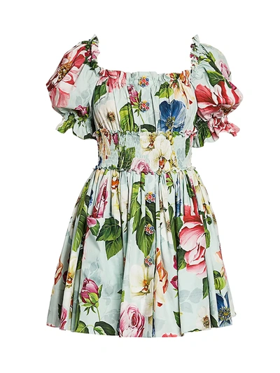 Shop Dolce & Gabbana Women's Poplin Floral-print Puff-sleeve Mini Dress In Aqua Green
