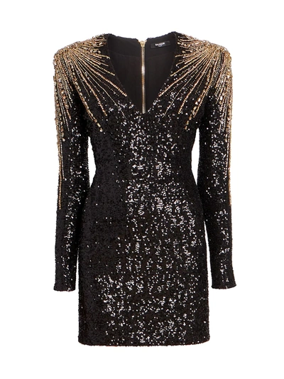 Shop Balmain Women's Sequin Burst V-neck Dress In Noir