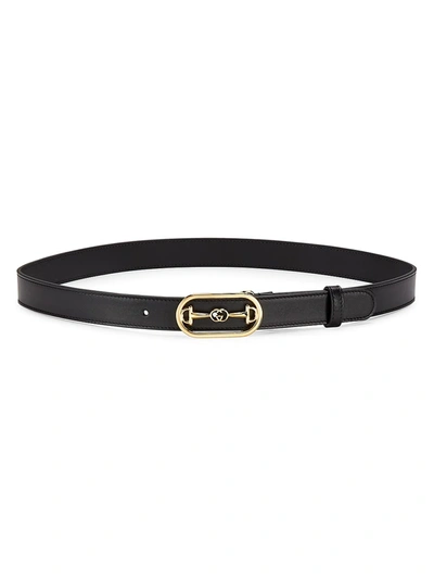 Shop Gucci Women's Leather Belt With Interlocking G Buckle In Black
