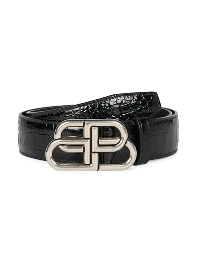 Shop Balenciaga Men's Large Bb Croc-embossed Leather Belt In Black