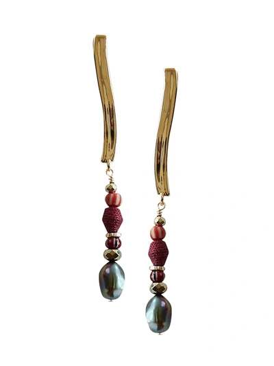 Shop Akola Ora Glass, Cranberry Raffia & Baroque Peacock Pearl Linear Earrings In Gold